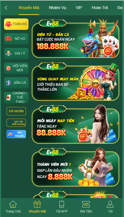 Chương trình khuyến mãi nổi bật tại EV88