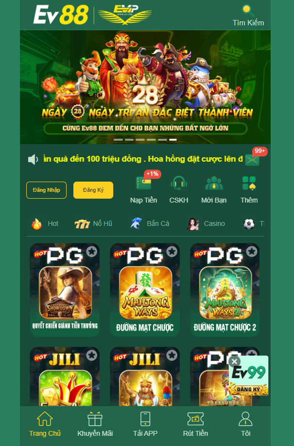 Tổng quan giao diện trang chủ EV88